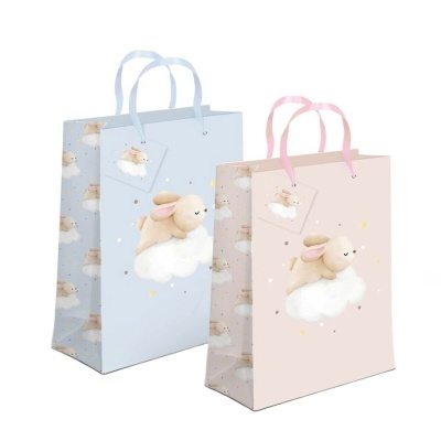 Sacolas de presente em papel azul e bege com coelho a dormir na nuvem