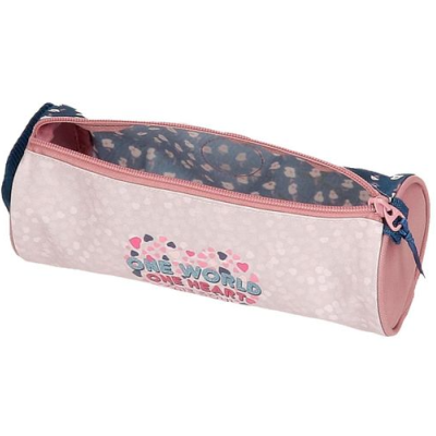 Estojo cilíndrico rosa claro com padrão de manchas e texto 'ONE WORLD ONE HEART'