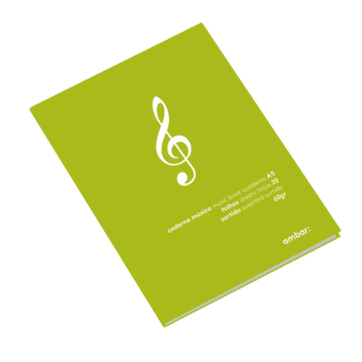 Caderno de música verde com clave de sol e texto branco
