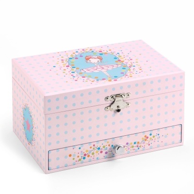Caixa organizadora cor-de-rosa com pontos azuis e ilustração de bailarina