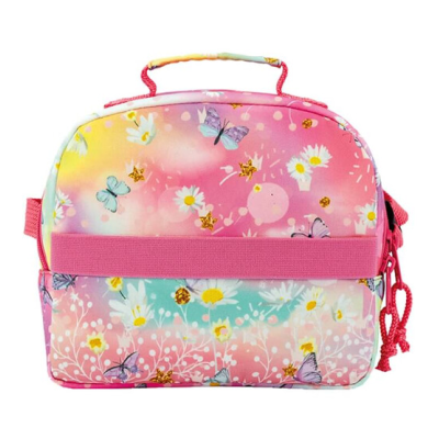 Mala térmica rosa com padrão floral e borboletas coloridas