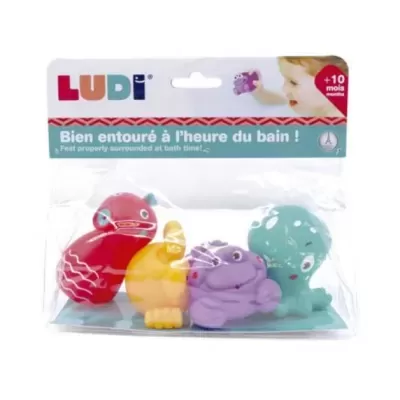 Conjunto de quatro brinquedos de banho coloridos em plástico