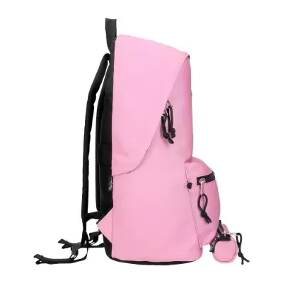 mochila cor-de-rosa com detalhes pretos vista de perfil