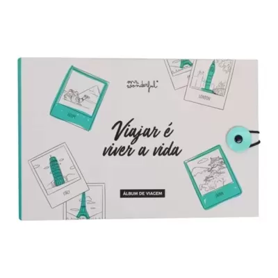 Álbum de viagem cinzento com ilustrações de polaroids verdes e texto em preto
