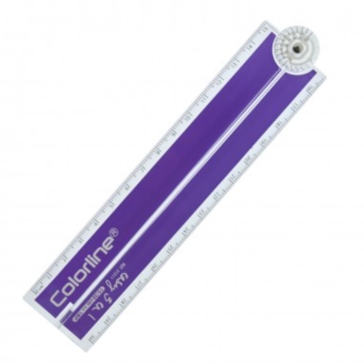 Régua plástica roxa e branca com medidas em centímetros e polegadas