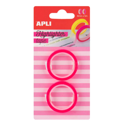 Pack de duas fitas fluorescentes para sublinhar APLI com suporte rosa em embalagem listrada cor-de-rosa