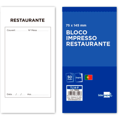 Bloco impresso para restaurante com frente branca e verso azul, contendo campos para preenchimento e informações de produto.