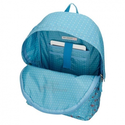 Mochila azul clara com padrão de pontos e bolso interno para tablet