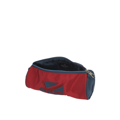 Estojo vermelho e azul com fecho de correr aberto