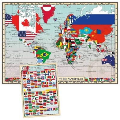 Mapa mundial com países coloridos por bandeiras nacionais e cartaz extra com bandeiras da Europa, Ásia e América do Sul.