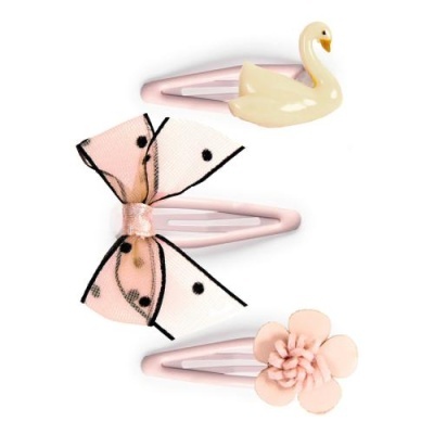 Três molas de cabelo cor-de-rosa com cisne, laço e flor