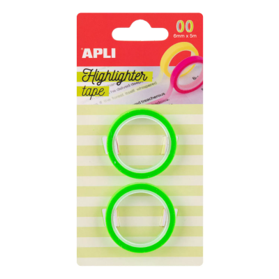 Rolo Duplo fita adesiva APLI Highlighter tape verde fluorescente em embalagem