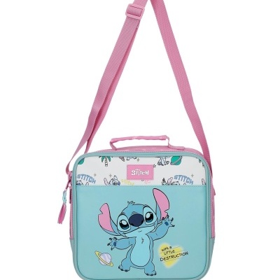 Mala de ombro infantil azul e rosa com personagem Stitch e texto