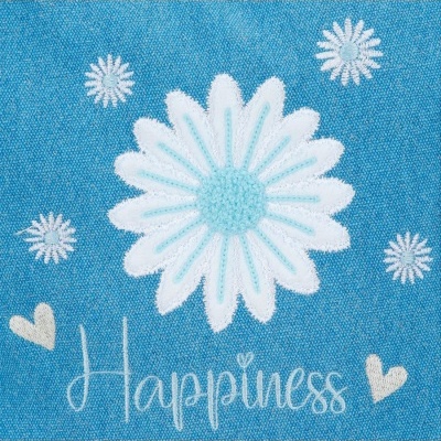 Pano azul ganga com bordados de flores e texto Happiness