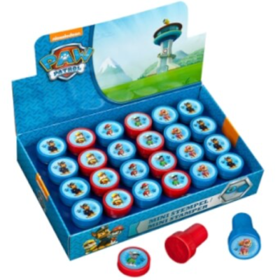 Caixa de exposição com 24 carimbos de personagens da série PAW Patrol, tampas azuis e vermelhas