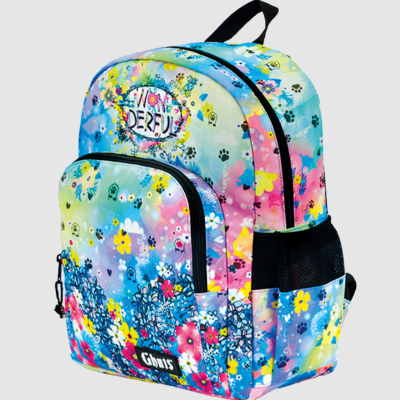 Mochila colorida com padrão floral abstrato e texto 'WONDERFUL'