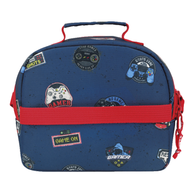 Mala azul com estampas de videojogos e alça vermelha