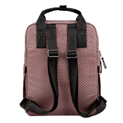 Mochila roxa com padrão de losangos e alças pretas