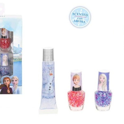 Conjunto maquilhagem infantil Disney Frozen com vernizes e brilho labial aromatizado