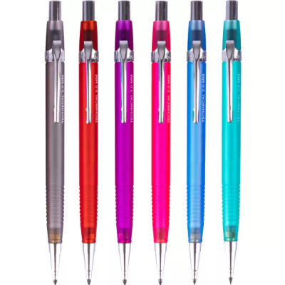 Seis lápis mecânicos coloridos com clip metálico em várias cores