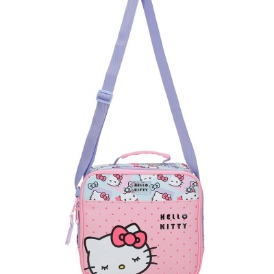 Bolsa de ombro Hello Kitty rosa e roxa com estampa da personagem e texto