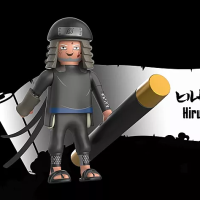 Figura de ação do personagem Hiruzen com roupa cinzenta e pincel grande.