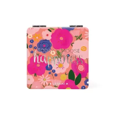 Estojo compacto com padrão floral colorido e texto prateado