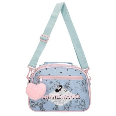 Mala de ombro azul clara com padrão Minnie Mouse, detalhes cor de rosa, porta-chaves em pelúcia rosa