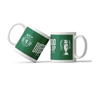 Duas canecas brancas com fundo verde e detalhes brancos do Sporting Clube de Portugal