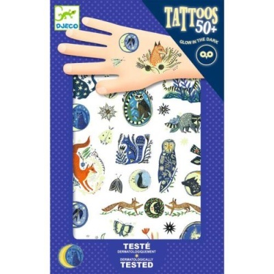 Pacote de tatuagens temporárias animais e símbolos com embalagem azul