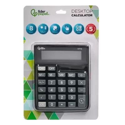 Calculadora de secretária preta embalada em cartão com padrão geométrico verde e cinza.