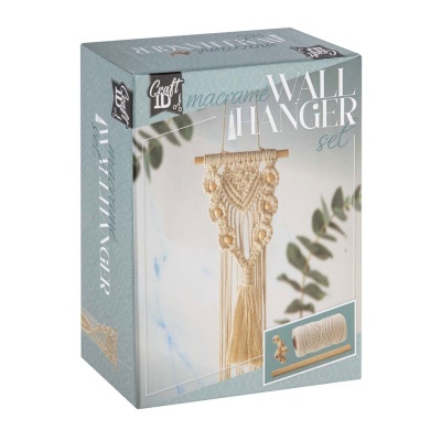 Caixa de conjunto de pendurador de parede macramé, corda bege, texto WALL HANGER set