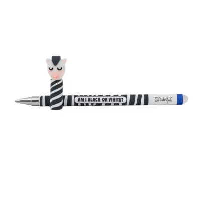 Caneta listrada com tampa em forma de zebra e texto impresso.