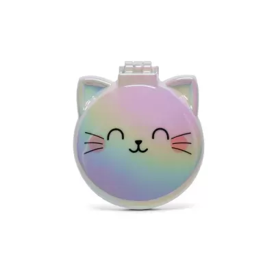 Compacto em forma de rosto de gato iridescente com expressão sorridente