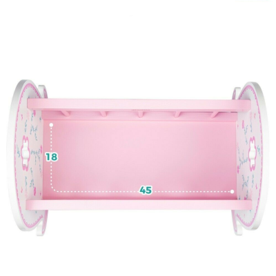 Estante rosa para parede com laterais brancas decoradas com borboletas coloridas