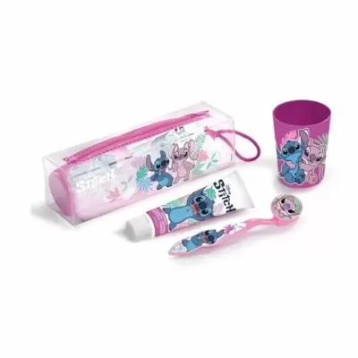 Conjunto de higiene dental infantil com personagem Stitch da Disney, inclui escova, pasta, copo e estojo.
