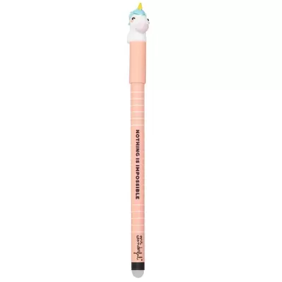 Caneta cor de rosa com unicórnio e texto motivacional