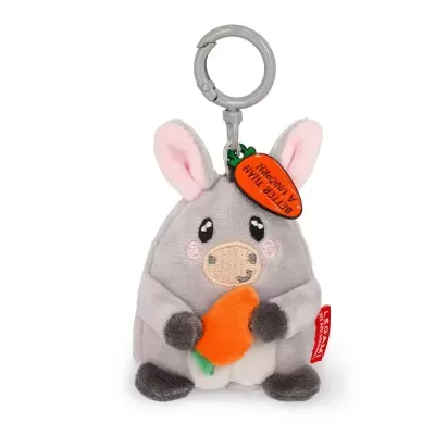 Chaveiro peluche coelho cinzento com cenoura e anel metálico