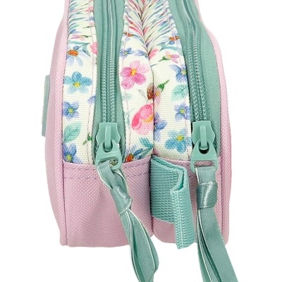 Estojo rosa com dois compartimentos de padrão floral e fechos verdes