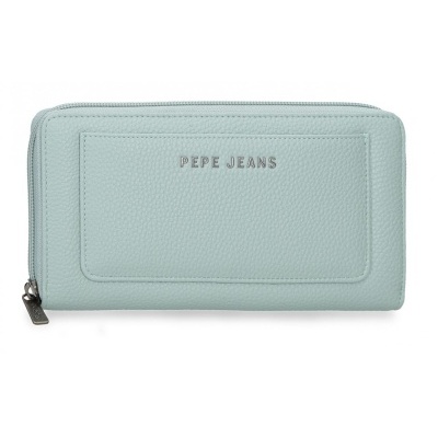 Carteira rectangular azul claro com fecho e nome da marca PEPE JEANS