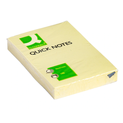 Bloco de notas autocolantes amarelo pálido embalado em plástico com texto QUICK NOTES