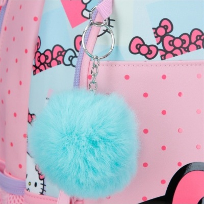 Mochila rosa e azul claro com porta-chaves azul felpudo