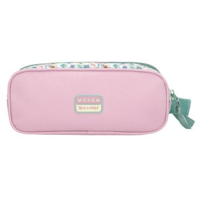 Estojo cor-de-rosa com padrão floral e etiqueta MOVOM