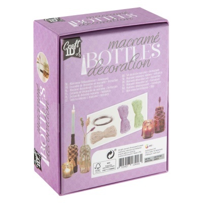 Embalagem lilás para kit de decoração de garrafas com macramé