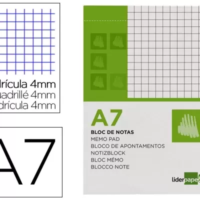 Bloco de notas A7 com pauta quadriculada 4mm, embalagem verde e branca, logotipo liderpapel