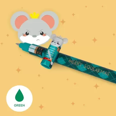 Caneta esferográfica verde com personagem de rato e texto Merry Squeakmas em fundo amarelo