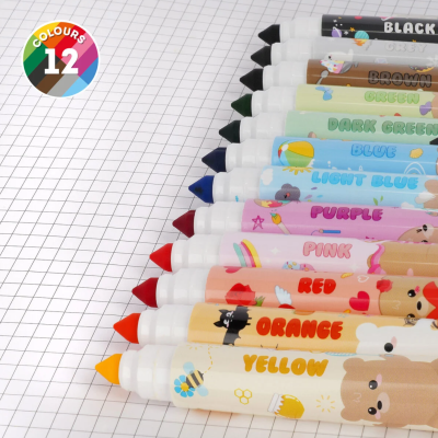 Conjunto de 12 marcadores coloridos decorados com ilustrações infantis sobre fundo quadriculado.