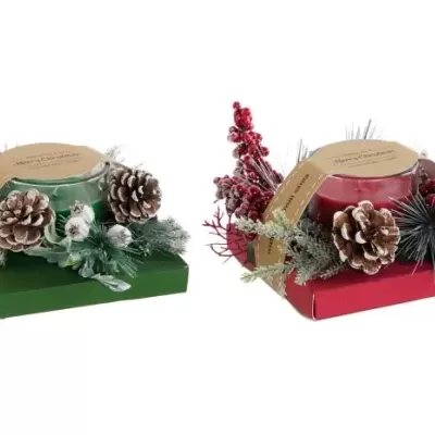 Conjuntos de velas decorativas com pinhas e bagas em suporte verde e vermelho