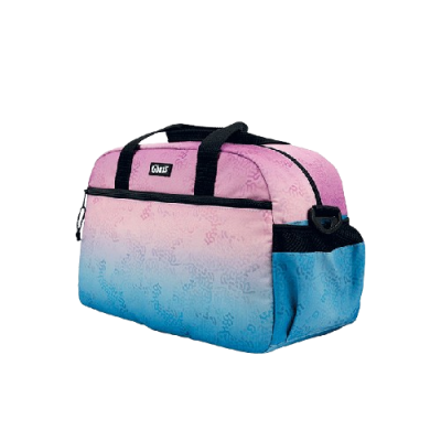 Mala de viagem rosa e azul em tecido com alças pretas e bolso frontal com fecho