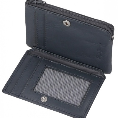 Carteira preta de couro com botão e zíper aberta